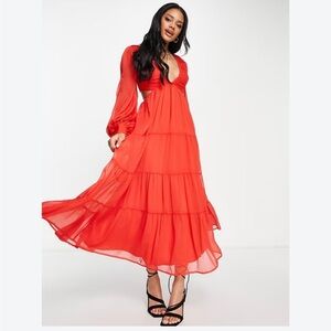 ASOS DESIGN Soft Pleated Bodice Midi Dress with Tiered Skirt & Lace Up Back